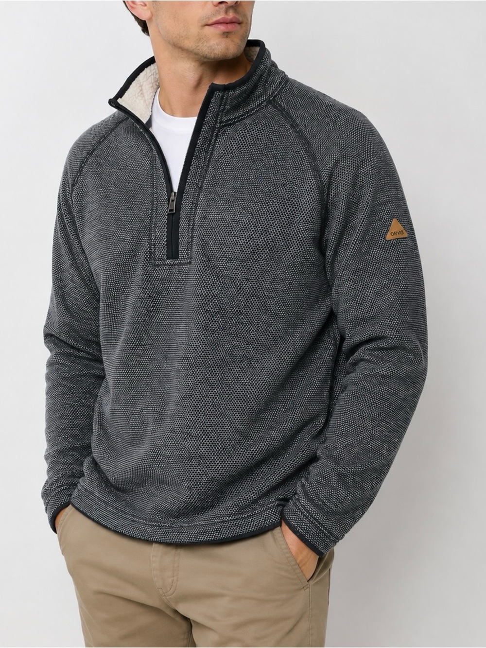 Orvis Men’s L Sherpa Lined Quarter Zip Gray Textured Fleece Pullover